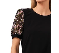 CeCe Women's Mixed Media Puff Sleeve Bouquet Knit Top