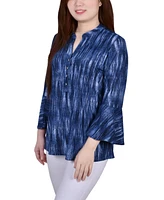 Ny Collection Petite 3/4 Bell Sleeve Printed Pleat Front Y-neck Top