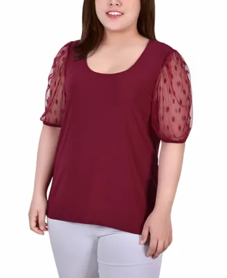 Plus Size Elbow Sleeve Crepe Top with Mesh Dotted Sleeves