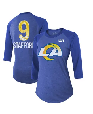 Women's Majestic Threads Matthew Stafford Royal Los Angeles Rams Super Bowl Lvi Name Number Raglan 3/4 Sleeve T-shirt