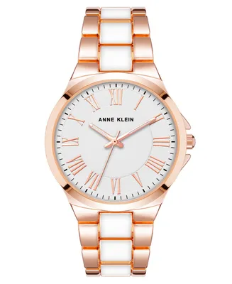 Anne Klein Women's Link Bracelet Watch in Rose Gold-Tone with White Enamel, 36mm - Rose Gold