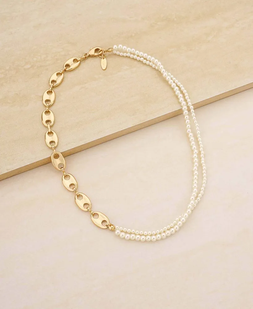 Ettika 18K Gold Plated Link Chain and Cultured Freshwater Pearl Beaded Necklace - Gold