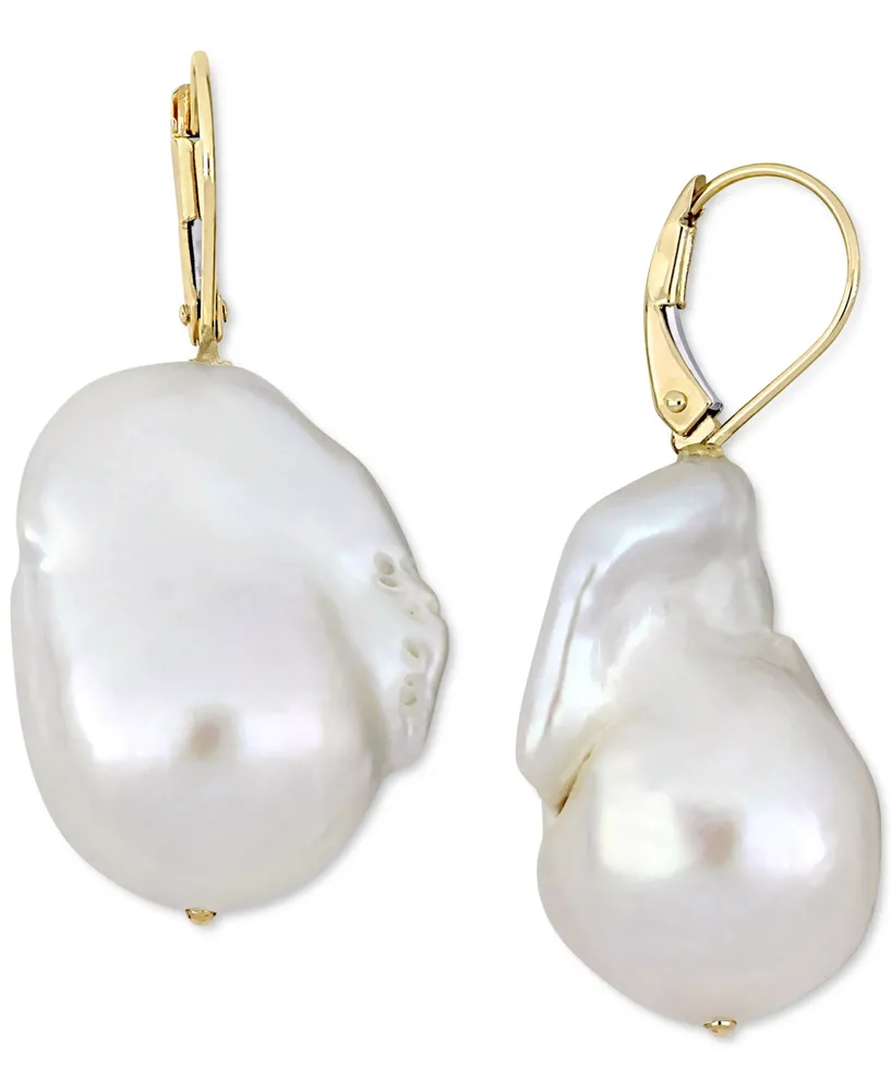 Cultured Freshwater Baroque Pearl (14-1/2 - 15mm) Leverback Drop Earrings in 14k Gold