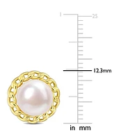 Cultured Freshwater Pearl (8mm) Link Frame Stud Earrings in Gold-Tone Plated Sterling Silver