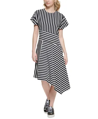 Karl Lagerfeld Paris Women's Striped Asymmetrical-Hem Dress