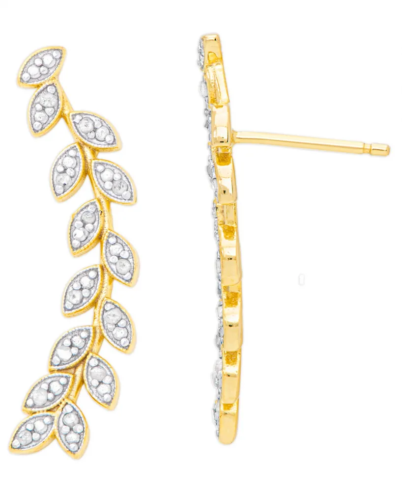 Diamond Accent Leaf Ear Climber Earrings in 14K Gold Plate and Fine Silver Plate - Gold