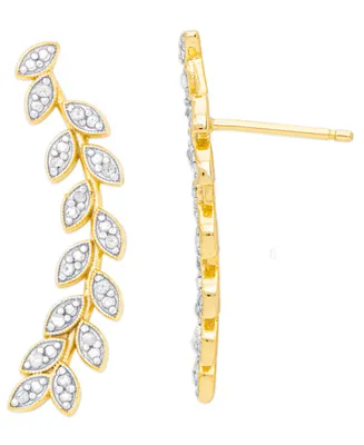 Diamond Accent Leaf Ear Climber Earrings 14K Gold Plate and Fine Silver 