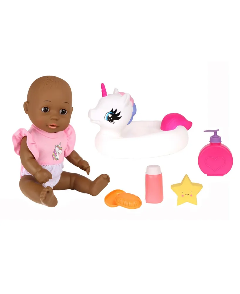 Dream Collection Bath Time 12" Toy Baby Doll with Unicorn Floaty - African American In Gift Box, 6 Piece