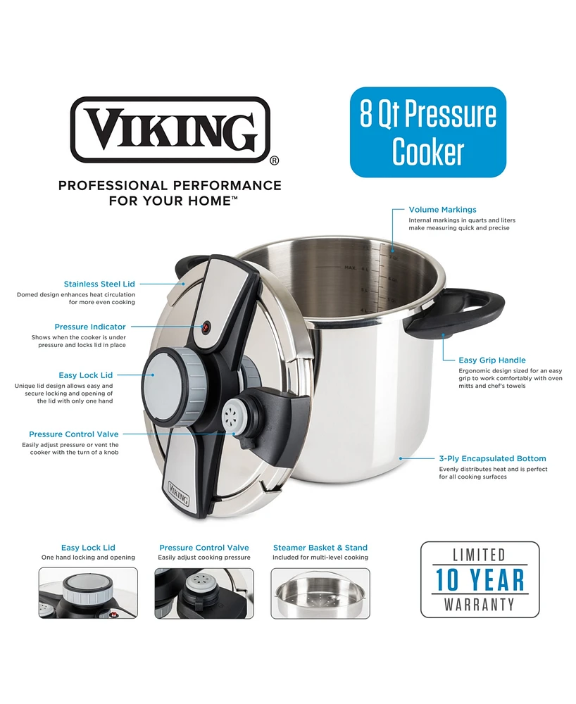 Viking Easy Lock Clamp 8-Quart Pressure Cooker with Steamer