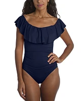 La Blanca Island Goddess Off-The-Shoulder Ruffled Tummy-Control One-Piece Swimsuit