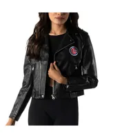 Women's The Wild Collective Black Chicago Cubs Faux Leather Moto Full-Zip Jacket