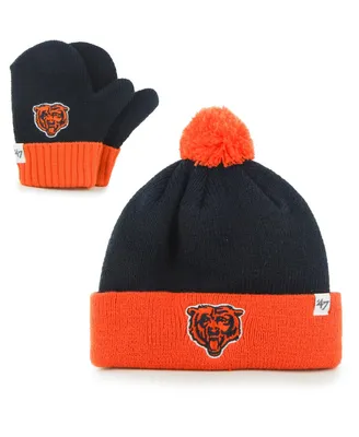 Toddler Unisex Navy and Orange Chicago Bears Bam Bam Cuffed Knit Hat with Pom and Mittens Set