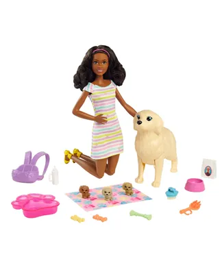 Barbie Doll Newborn Pups Playset with Brunette Doll, Mommy Dog, 3 Puppies, Kids Toys