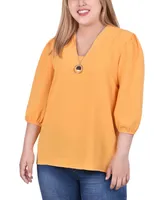 Plus 3/4 Puff Sleeve Top with Detachable Necklace