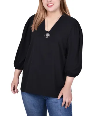 Plus 3/4 Puff Sleeve Top with Detachable Necklace