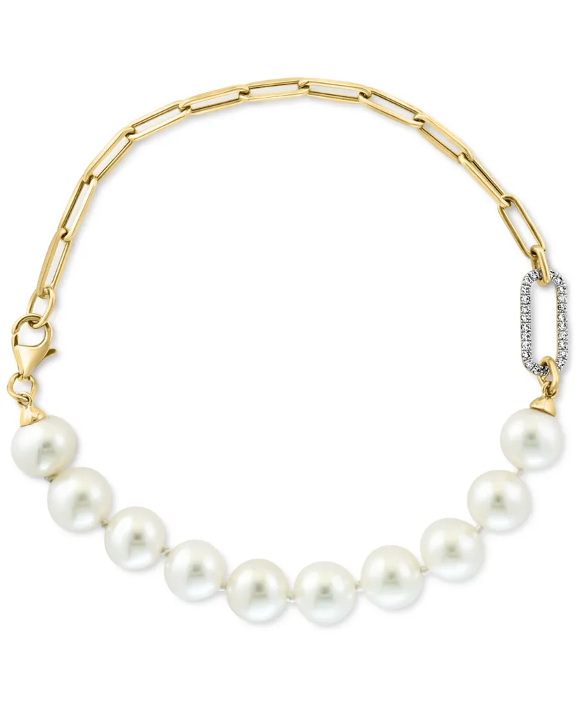 Effy Cultured Freshwater Pearl (7-1/2mm) & Diamond (1/10 ct. t.w.) Paperclip Bracelet in 14k Gold