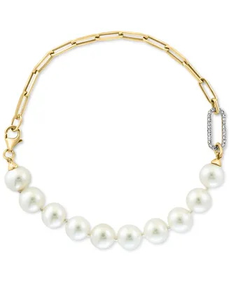 Effy Cultured Freshwater Pearl (7-1/2mm) & Diamond (1/10 ct. t.w.) Paperclip Bracelet in 14k Gold