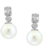 Effy Cultured Freshwater Pearl (9mm) & Diamond (1/5 ct. t.w.) Drop Earrings in 14k White Gold