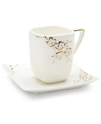 Square Tray and Mug 2-Piece Set with Floral Artwork Design - White, Gold