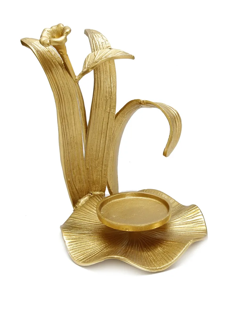 Hurricane Candle Holder with Enamel Flower Design - Gold