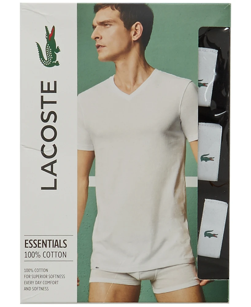 Lacoste Men's Essential Cotton V-Neck Lounge Regular Fit Undershirts Set, 3-Piece