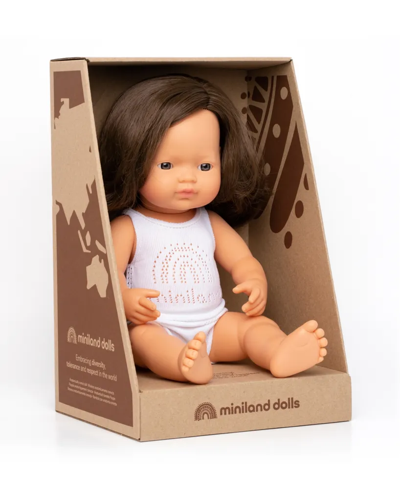 Miniland 15" Baby Doll Caucasian Brunette Girl Set , 3 Piece