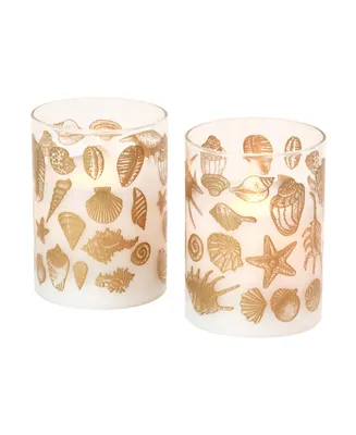 Battery Operated Seashells Led Glass Candles with Moving Flame, Set of 2 - Gold