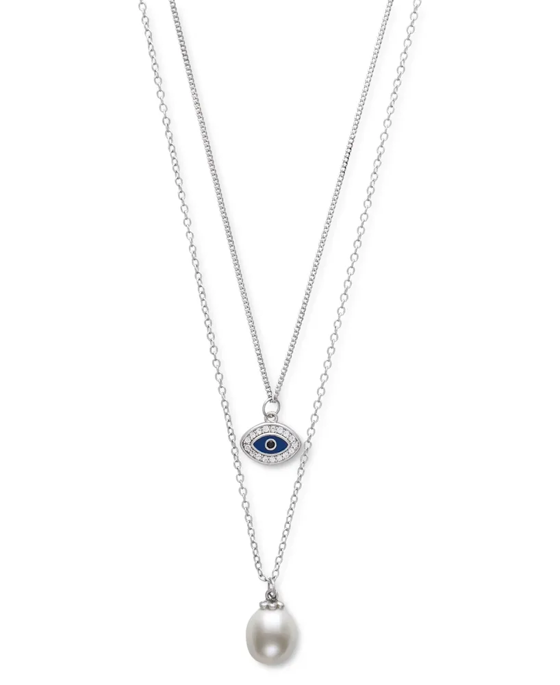 Belle de Mer Cultured Freshwater Pearl (8mm) & Cubic Zirconia & Enamel Evil Eye Layered Necklace in Sterling Silver, 16" + 1" extender