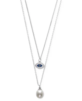 Belle de Mer Cultured Freshwater Pearl (8mm) & Cubic Zirconia & Enamel Evil Eye Layered Necklace in Sterling Silver, 16" + 1" extender