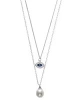 Belle de Mer Cultured Freshwater Pearl (8mm) & Cubic Zirconia & Enamel Evil Eye Layered Necklace in Sterling Silver, 16" + 1" extender