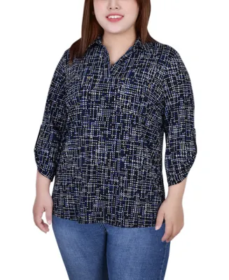 Ny Collection Plus Size 3/4 Ruched Sleeve Studded Top