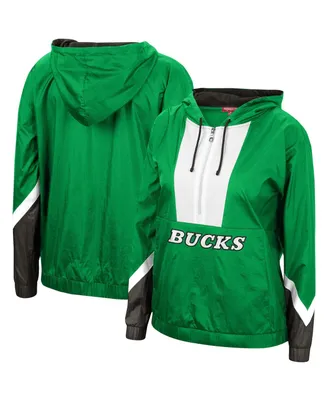 Women's Mitchell & Ness Green Milwaukee Bucks Half-Zip Windbreaker 2.0 Hoodie Jacket