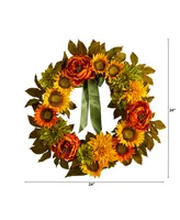 Peony, Dahlia and Sunflower Artificial Wreath, 24"