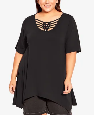 Avenue Plus Size Knotted Cage Short Sleeve Tunic Top