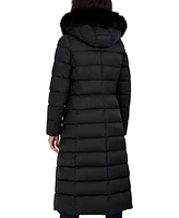 Tahari Womens Maxi Shine Bibbed Faux-Fur-Trimmed Hooded Puffer Coat