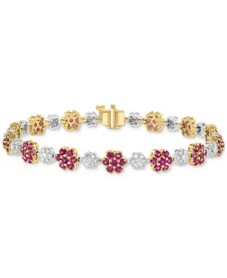 Effy Ruby (4-1/8 ct. t.w.) % Diamond (1-1/10 ct. t.w.) Flower Link Bracelet in 14k Two-Tone Gold