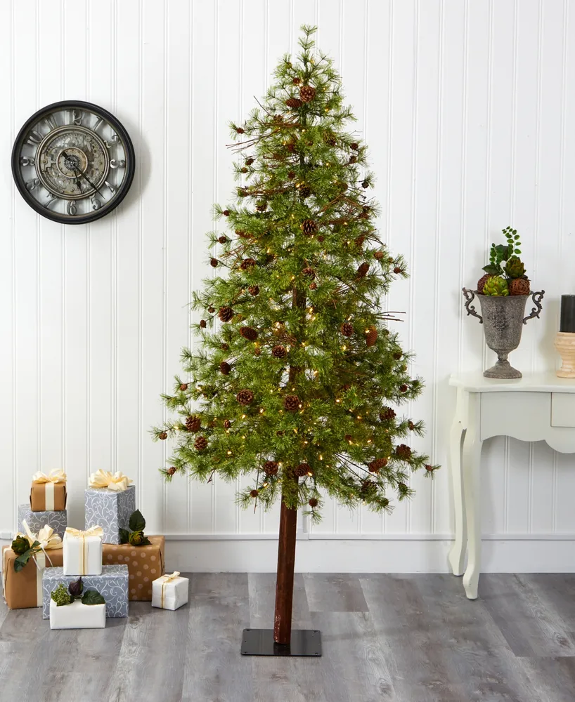 Wyoming Alpine Artificial Christmas Tree with Lights and Pinecones on Natural Trunk, 84"