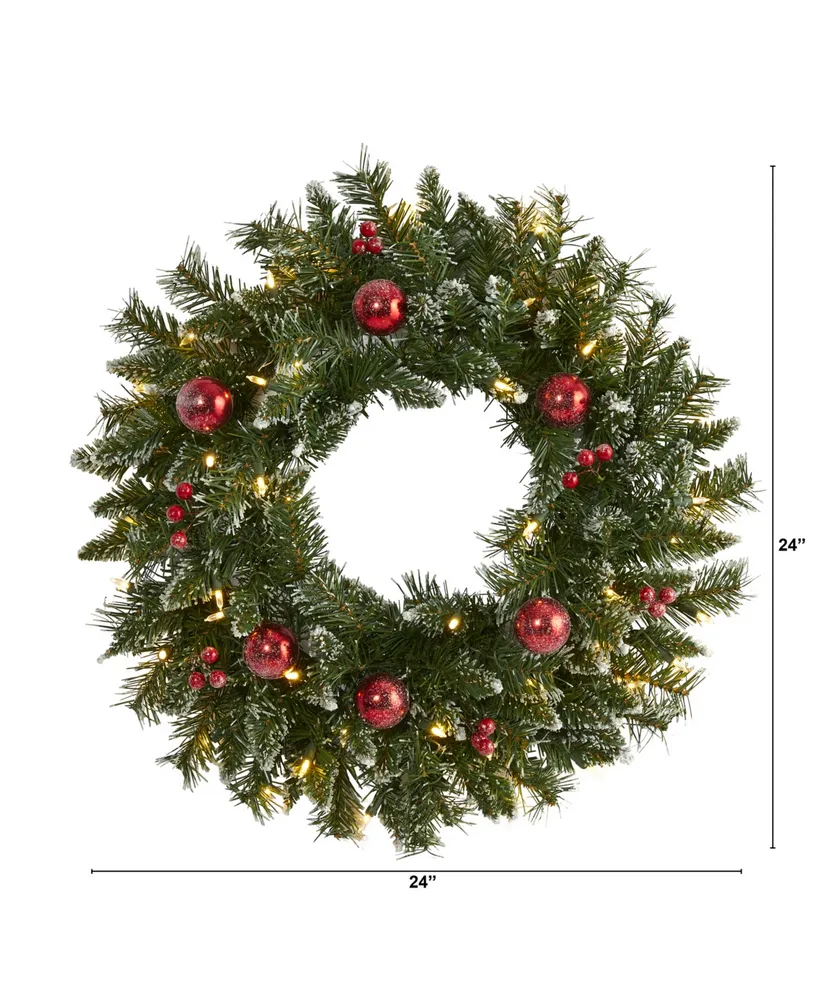 Frosted Artificial Christmas Wreath with Lights, Ornaments and Berries, 24"
