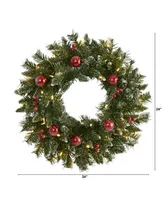 Frosted Artificial Christmas Wreath with Lights, Ornaments and Berries, 24"