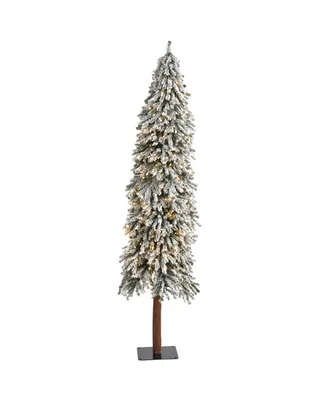 Flocked Grand Alpine Artificial Christmas Tree with Lights and Bendable Branches On Natural Trunk