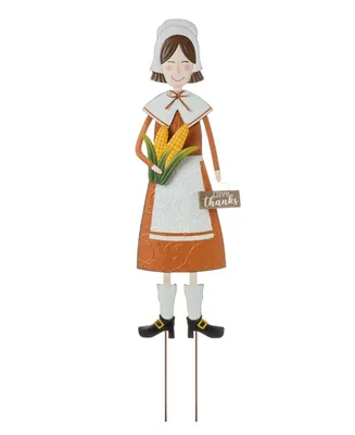 Glitzhome Metal Thanksgiving Pilgrim Girl Yard Stake, Standing Decor or Hanging Decor, 36"