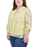 Ny Collection Plus Size Long Sleeve Burnout Y-Neck Blouse
