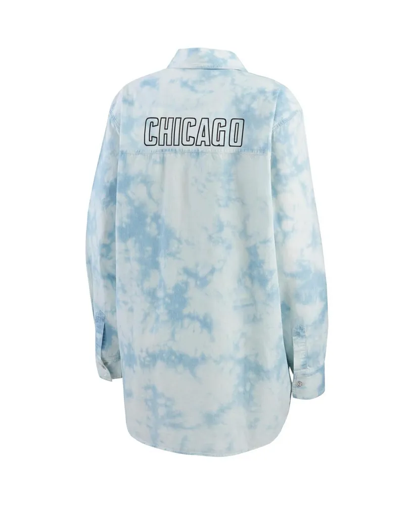 Women's Wear by Erin Andrews White Chicago Blackhawks Oversized Tie-Dye Button-Up Denim Shirt