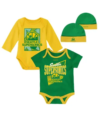 Infant Boys and Girls Mitchell & Ness Green, Gold Seattle SuperSonics Hardwood Classics Bodysuits Cuffed Knit Hat Set