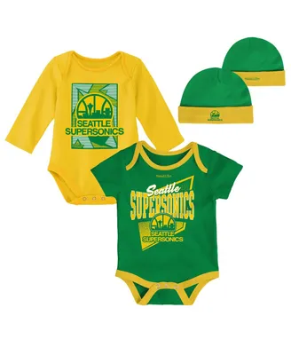 Infant Boys and Girls Mitchell & Ness Green, Gold Seattle SuperSonics Hardwood Classics Bodysuits and Cuffed Knit Hat Set