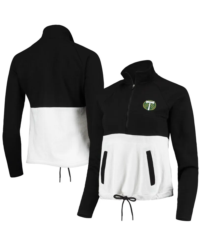 Women's Antigua Black, White Portland Timbers Harbor Raglan Half-Zip Jacket