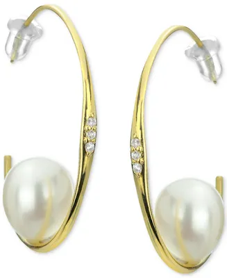 Cultured Freshwater Pearl (9-10mm) & Diamond (1/20 ct. t.w.) Hoop Earrings in 14k Gold