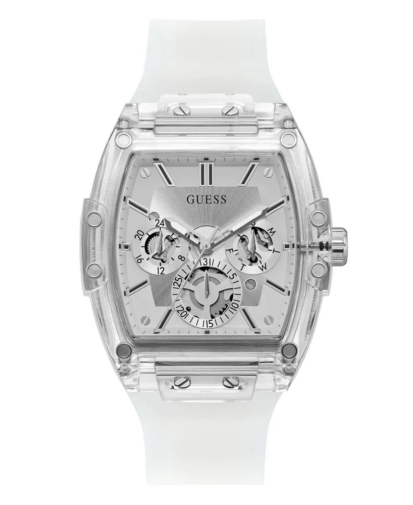 Guess Men's Multi-Function Transparent and Silver-Tone Silicone Strap Watch 43mm