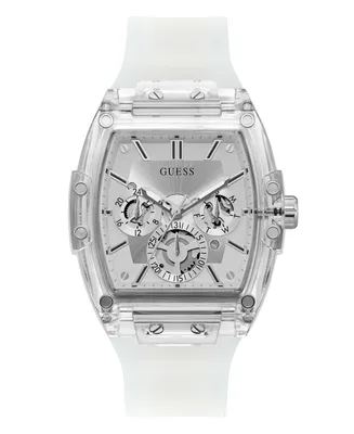 Guess Men's Multi-Function Transparent and Silver-Tone Silicone Strap Watch 43mm