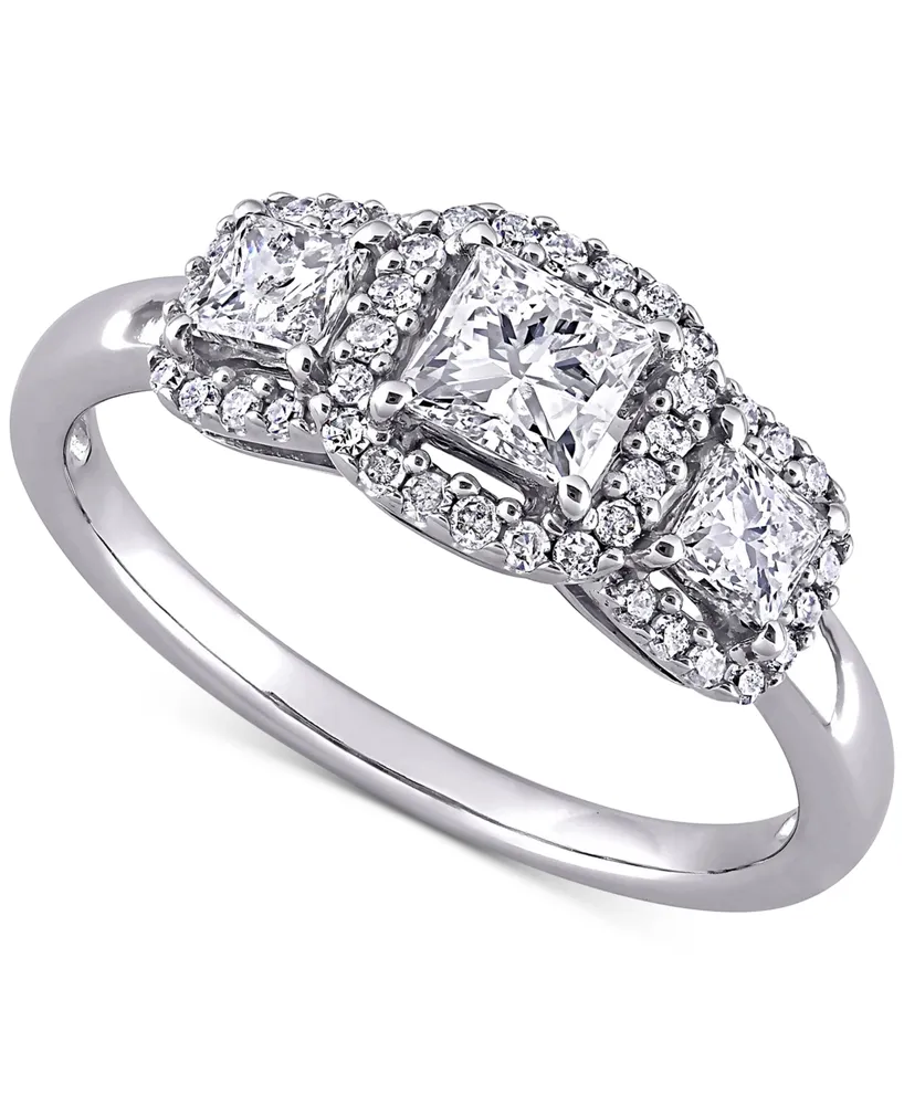 Diamond Princess Halo Three Stone Engagement Ring (1 ct. t.w.) 14k White Gold